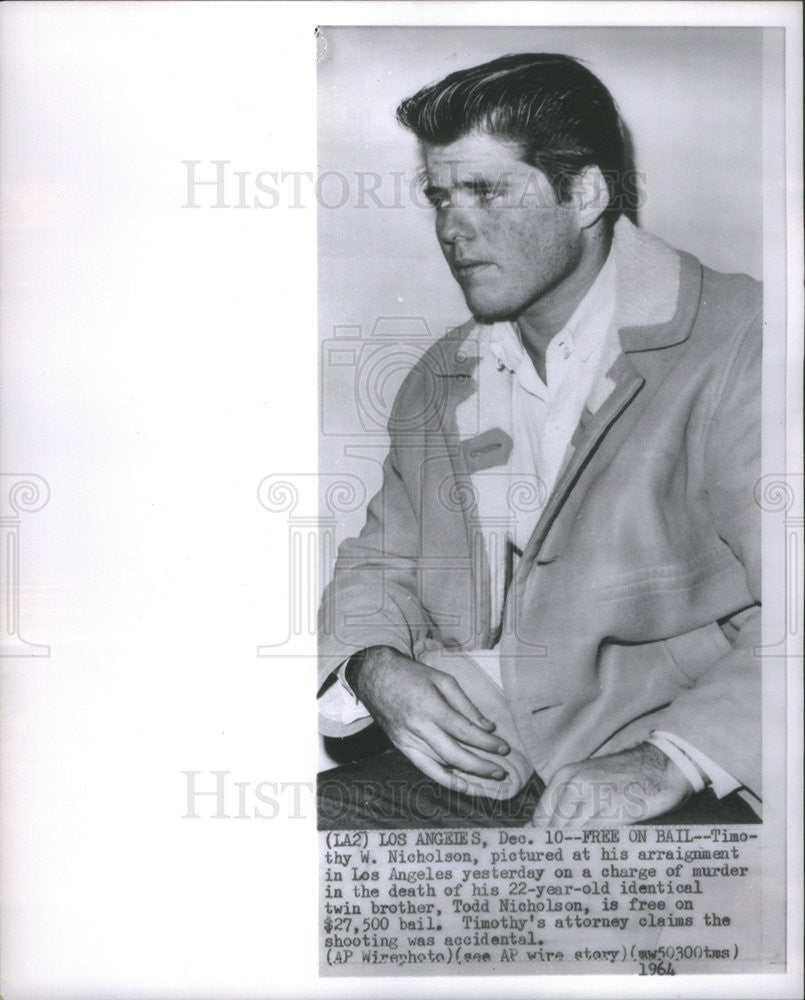 1964 Press Photo Timothy Nicholson at Arraignment in Los Angeles for Murder - Historic Images