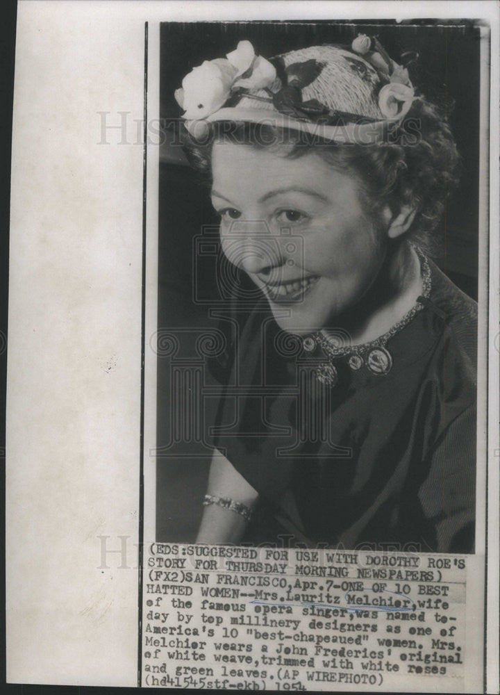 1954 Press Photo Mrs. Lauritz Melchior/Wife Of Tenor/John Frederic Hat/Fashion - Historic Images