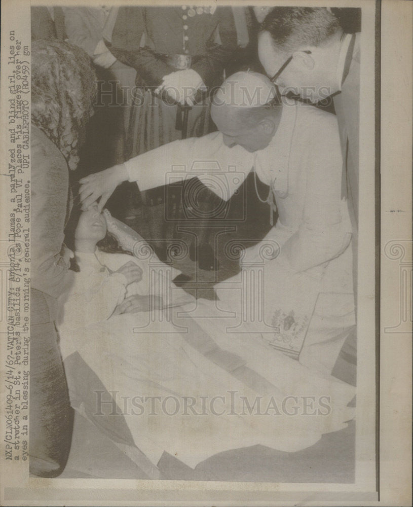 1967 Press Photo Antonia Llamas, paralyzed, blind girl receives blessing from - Historic Images