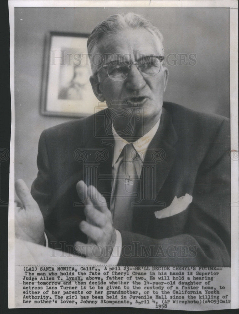 1958 Press Photo Judge Allen T Lynch Cheryl Crane Custody Lana Turner Daughter - Historic Images