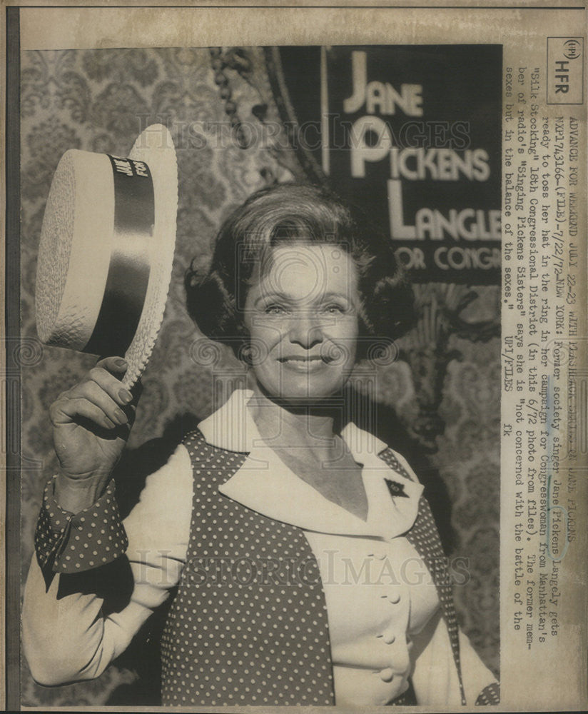 1972 Press Photo Singer Jane Pickens Langely Campaign Congresswoman Manhattan - Historic Images