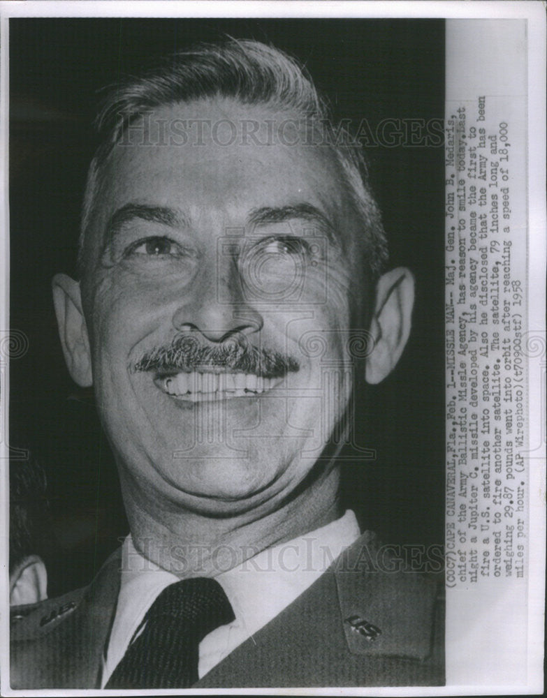 1958 Press Photo Maj. Gen. John B. Medaris, Chief of the Army Ballistic Missile - Historic Images