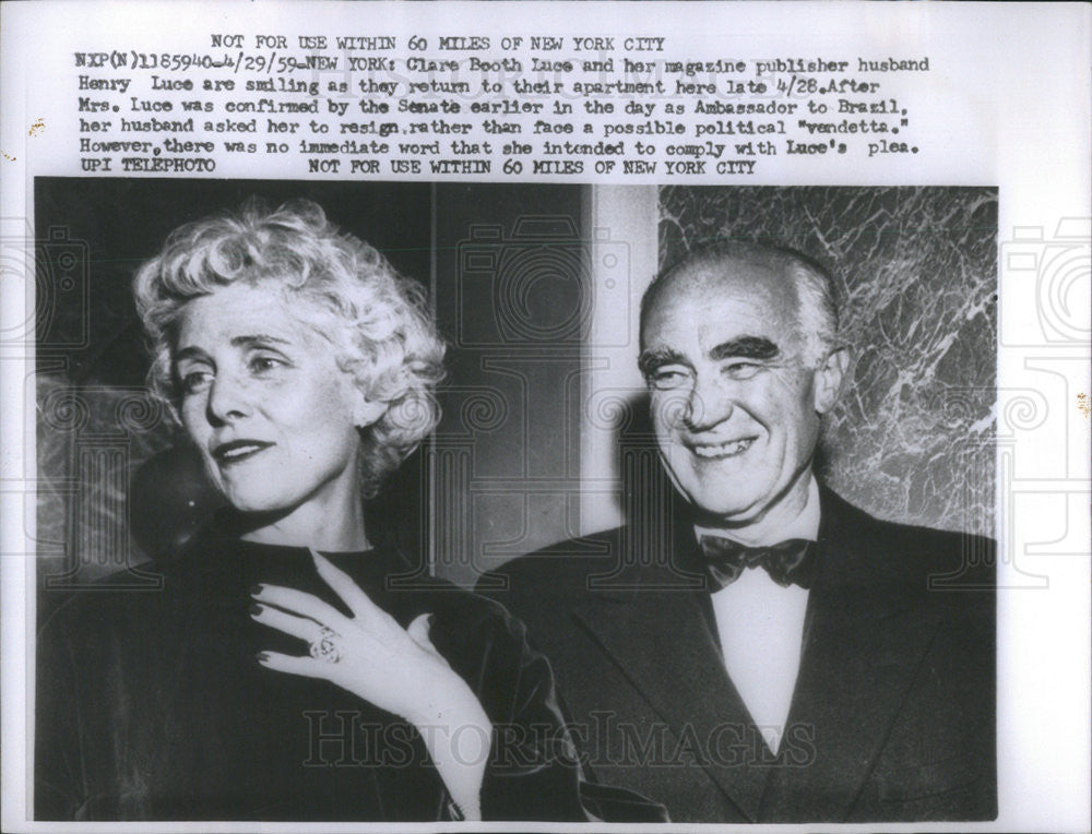 1959 Press Photo Clare Booth Luce Husband Henry Ambassador Brazil - Historic Images
