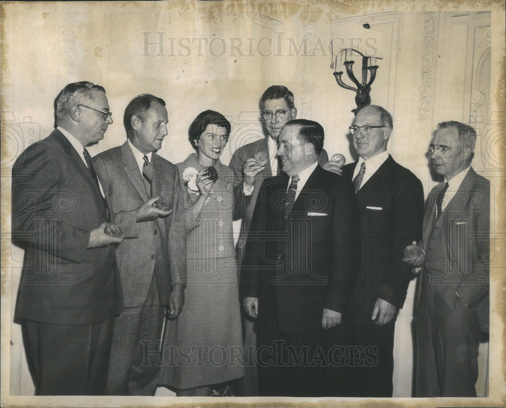 1957 Press Photo Thomas Lewis Accepting An Award for his Father Frank Lewis - Historic Images