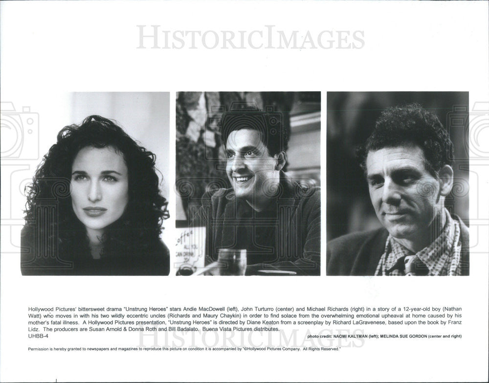 1995 Press Photo Actress Andie MacDowell in Unstrung Heros - Historic Images