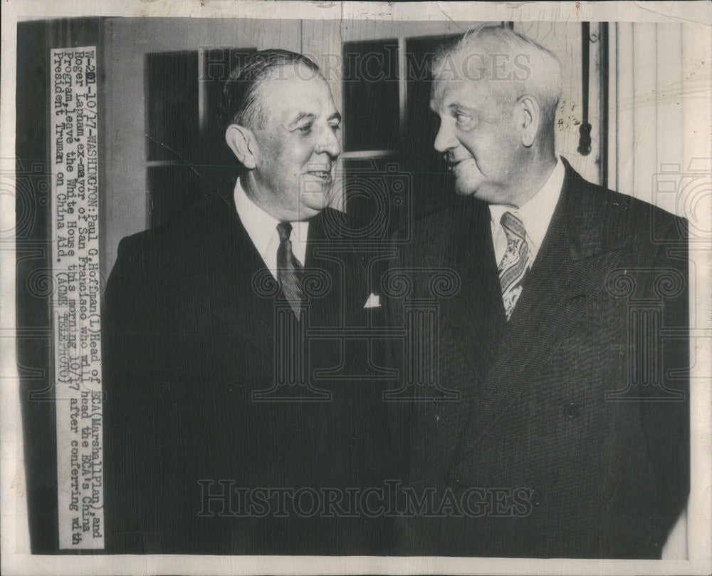 1948 Press Photo Paul Hoffman Head of ECA &amp; Roger Lapham Former Mayor of SF Cal - Historic Images