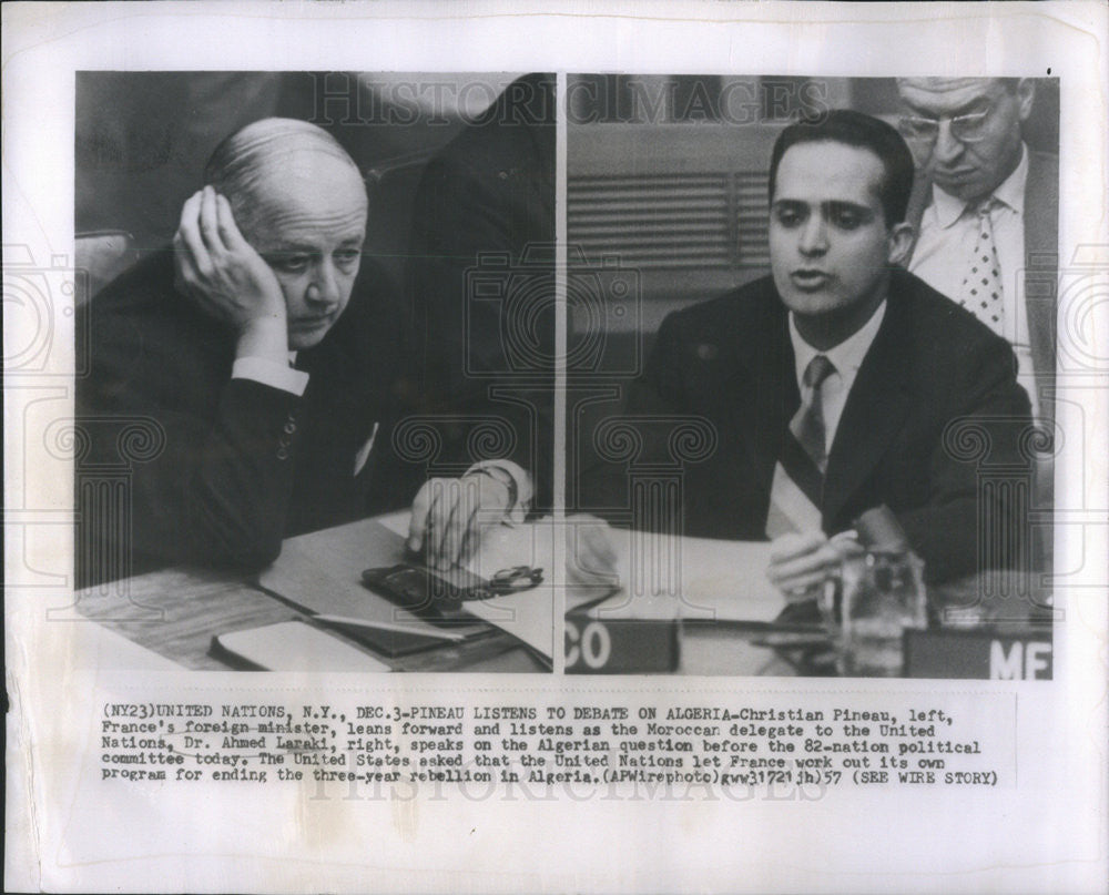 1957 Press Photo Christian Pineau Listens To Debate On Algeria Dr Ahmed Laraki - Historic Images