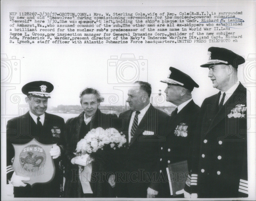 1957 Press Photo Mrs. W. Sterling Cole At Commissioning Ceremonies For Submarine - Historic Images