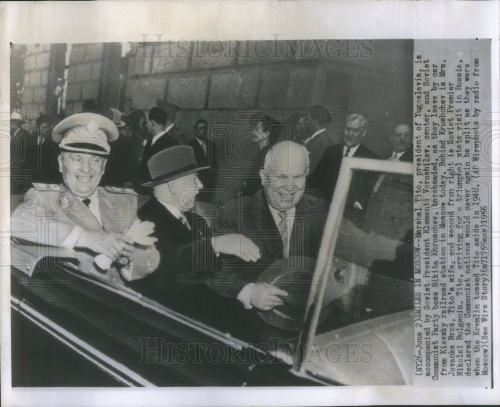 1956 Press Photo Yugoslavia President Marshal Tito, Soviet President Voroshilov - Historic Images