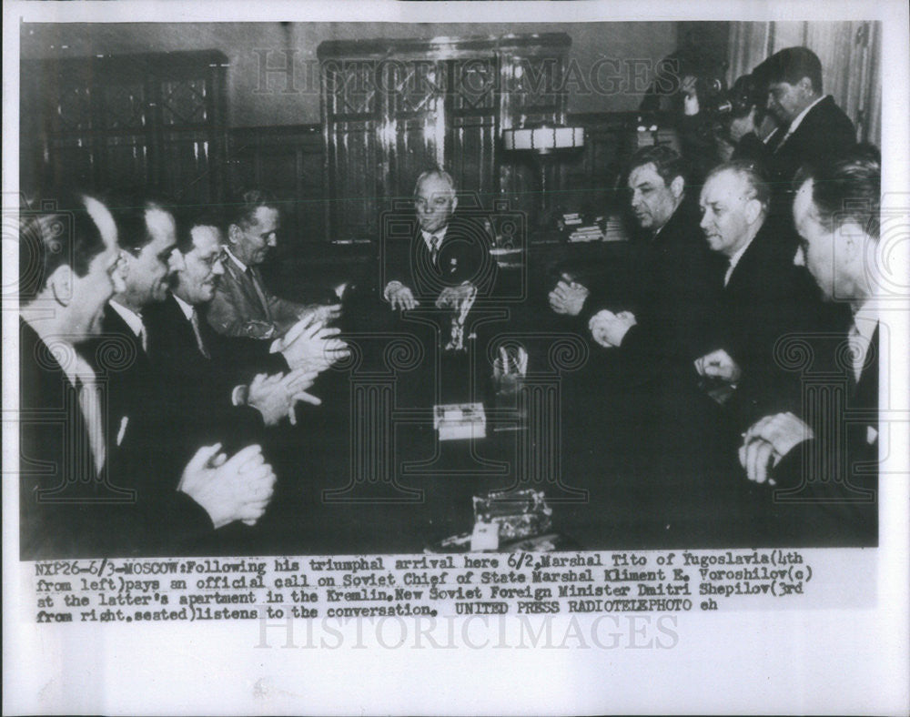 1956 Press Photo Marshal Tito With Soviet Chf Of State Marshall Kliment Voroshlv - Historic Images