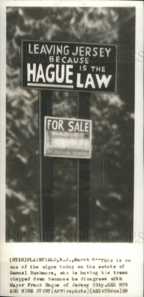 1939 Press Photo Sign Estate Samuel Rushmore Mayor Hague Jersey City Law - Historic Images