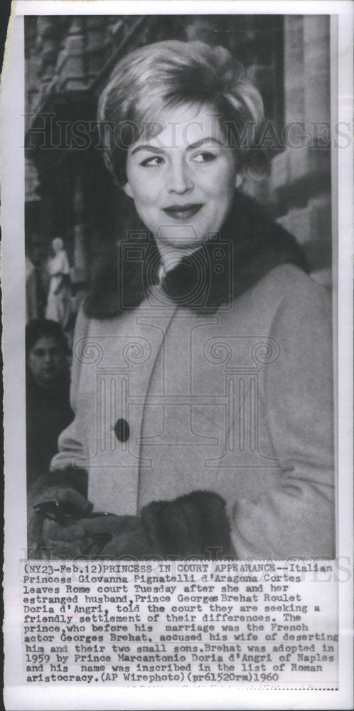 1960 Press Photo Italy Princess Giovanna Pignatelli d&#39;Aragona Cortes Rome Court - Historic Images