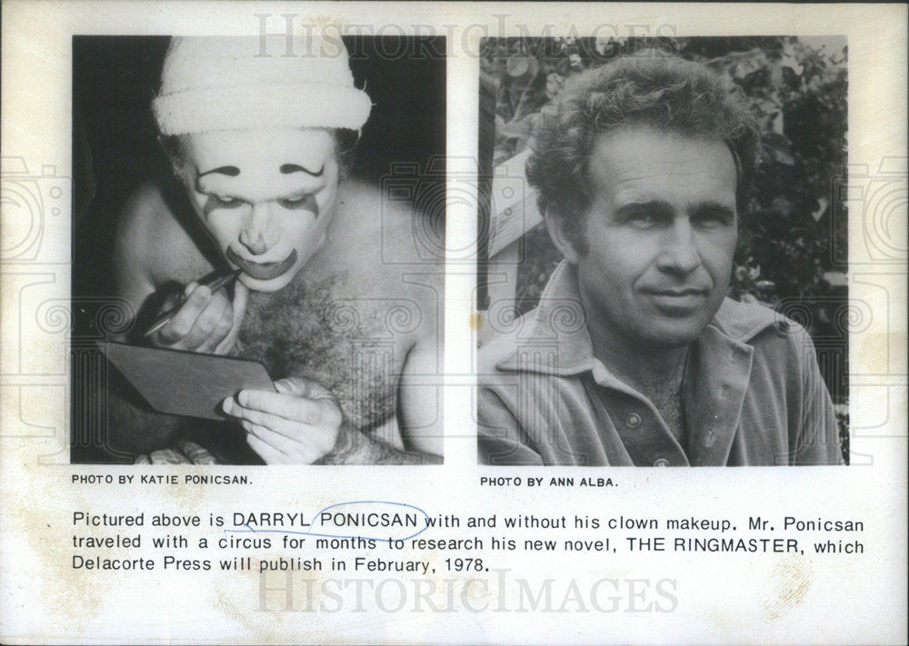 1978 Press Photo Darryl Ponicsan,with and without clown makeup,author - Historic Images