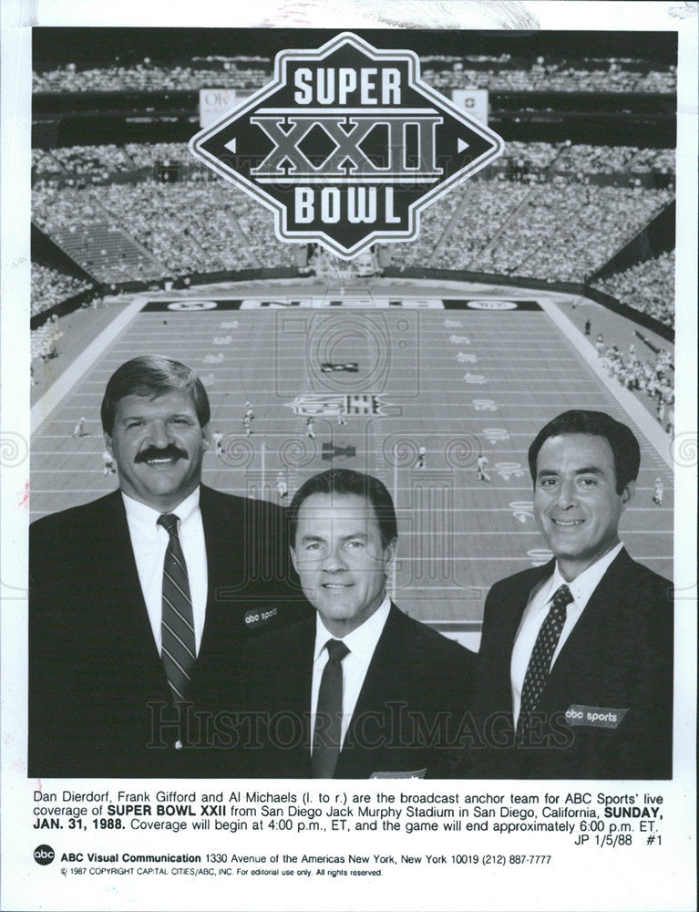 1988 Press Photo Dan Dierdorf, Frank Gifford, Al Michaels, "Super Bowl XXII" - Historic Images