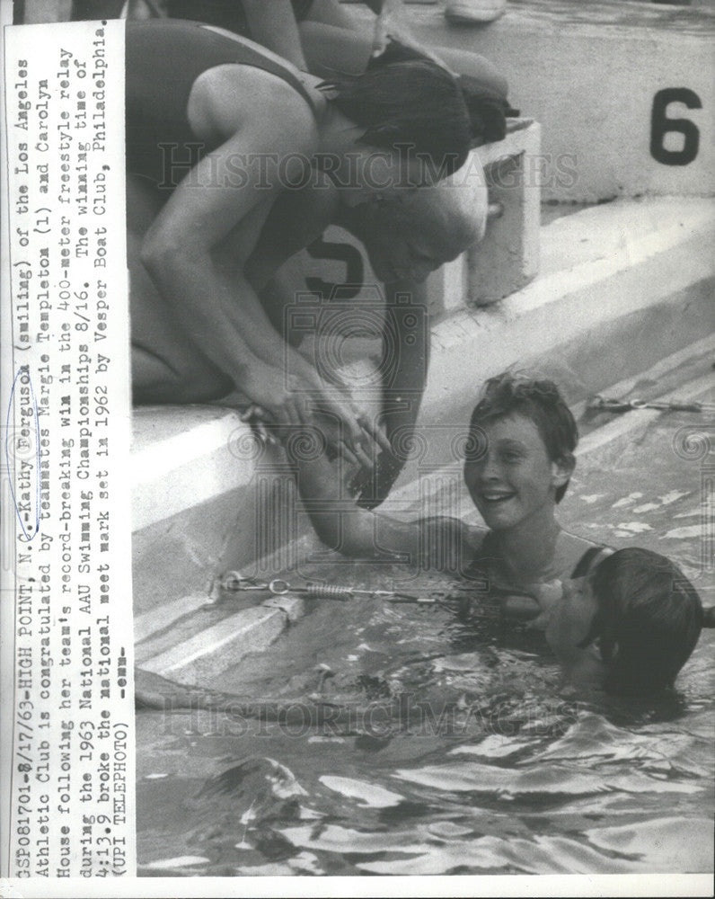 1963 Press Photo Kathy Ferguson Margie Templeton Carolyn House National AAU Swim - Historic Images