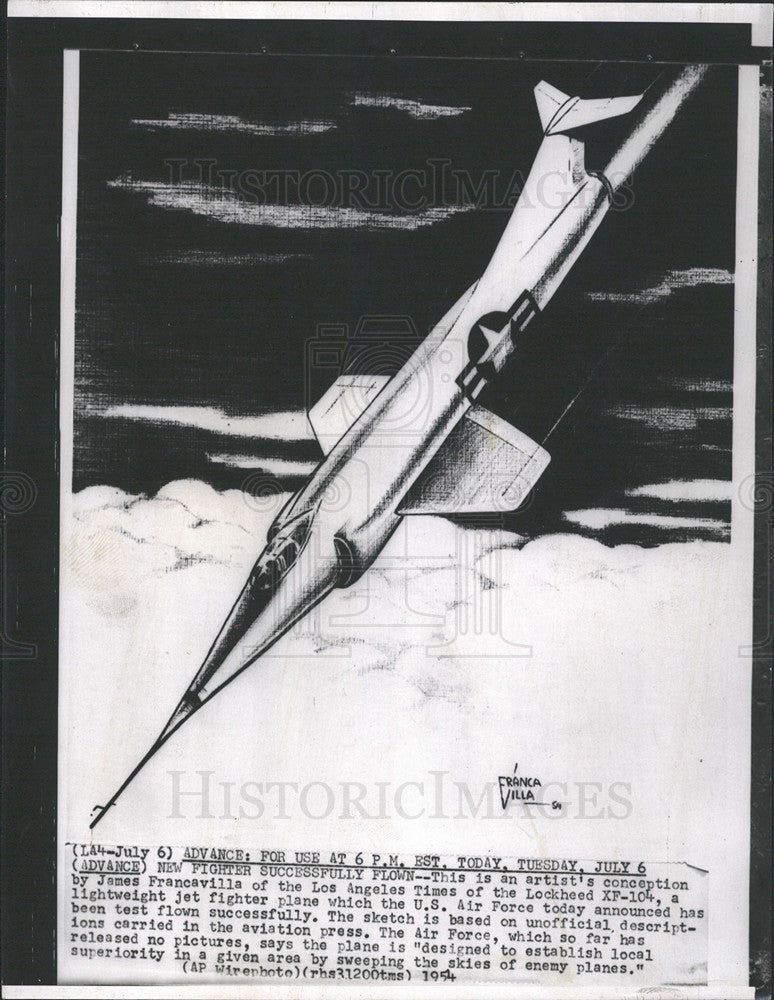 1954 Press Photo Sketch of the Lockheed XF-104 by James Francesville - Historic Images