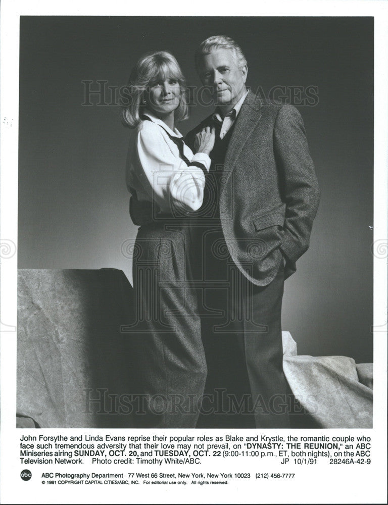 1991 Press Photo John Forsythe &amp; Linda Evans in ABC-TV&#39;s &quot;Dynasty: The Reunion&quot; - Historic Images