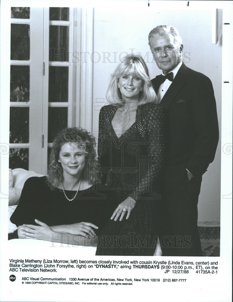 1988 Press Photo L Morrow (L) &amp; L Evans &amp; J Forsythe in ABC-TV Series &quot;Dynasty&quot; - Historic Images