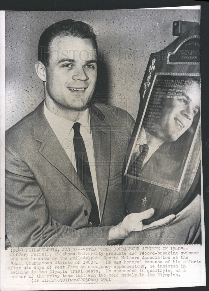 1961 Press Photo Swimmer Jeffrey Farrell &quot;Most Courageous Athlete Of 1960&quot; - Historic Images