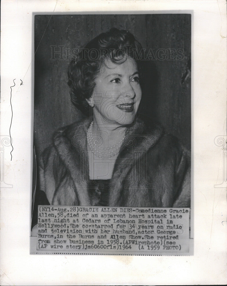 1959 Press Photo Gracie Allen American Comedienne Actress - Historic Images