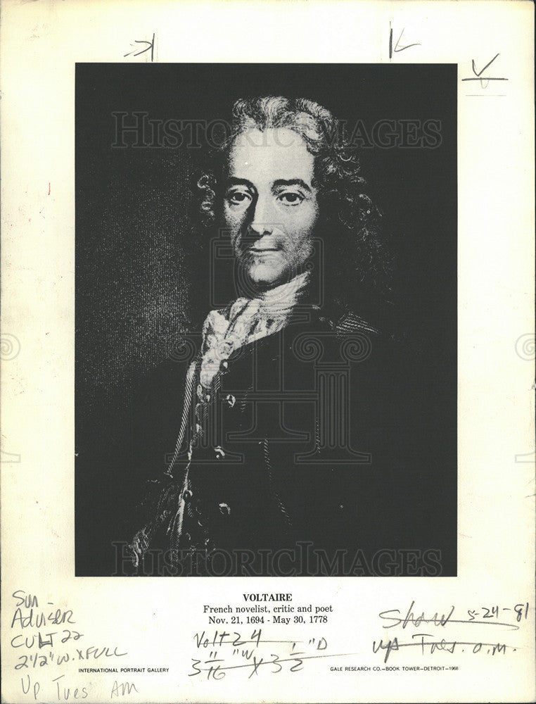 1968 Press Photo Portrait Francois Marie Arouet De Voltaire Novelist Critic Poet - Historic Images