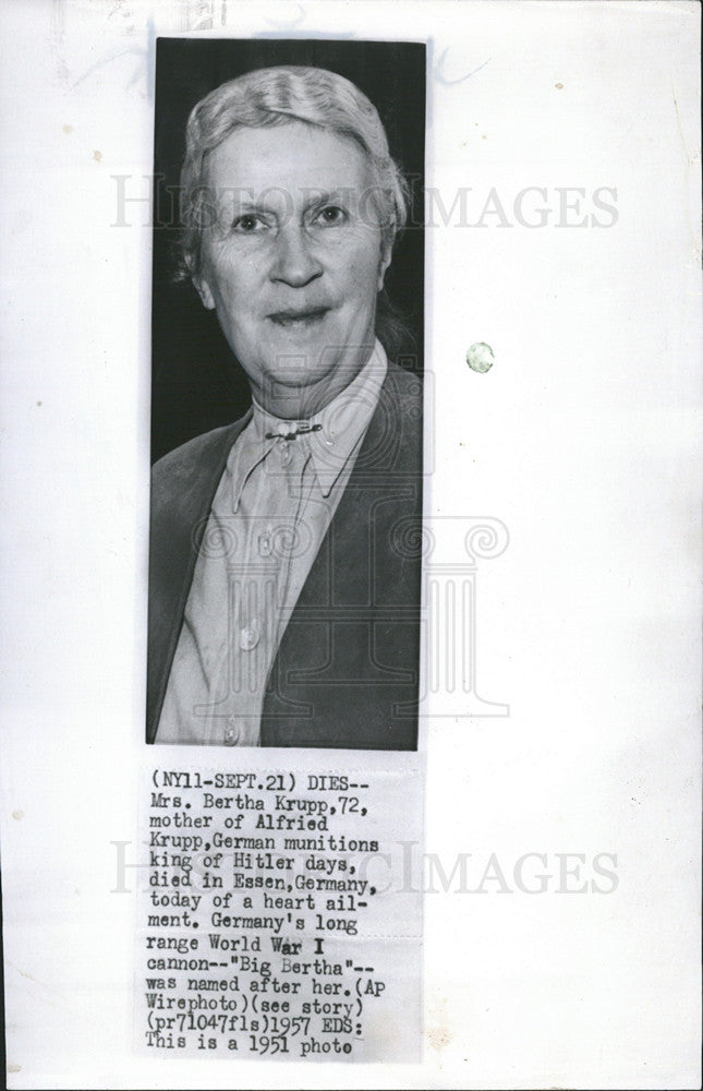 1957 Press Photo Bertha Krupp, mother of Alfried Krupp, German munitions king of - Historic Images