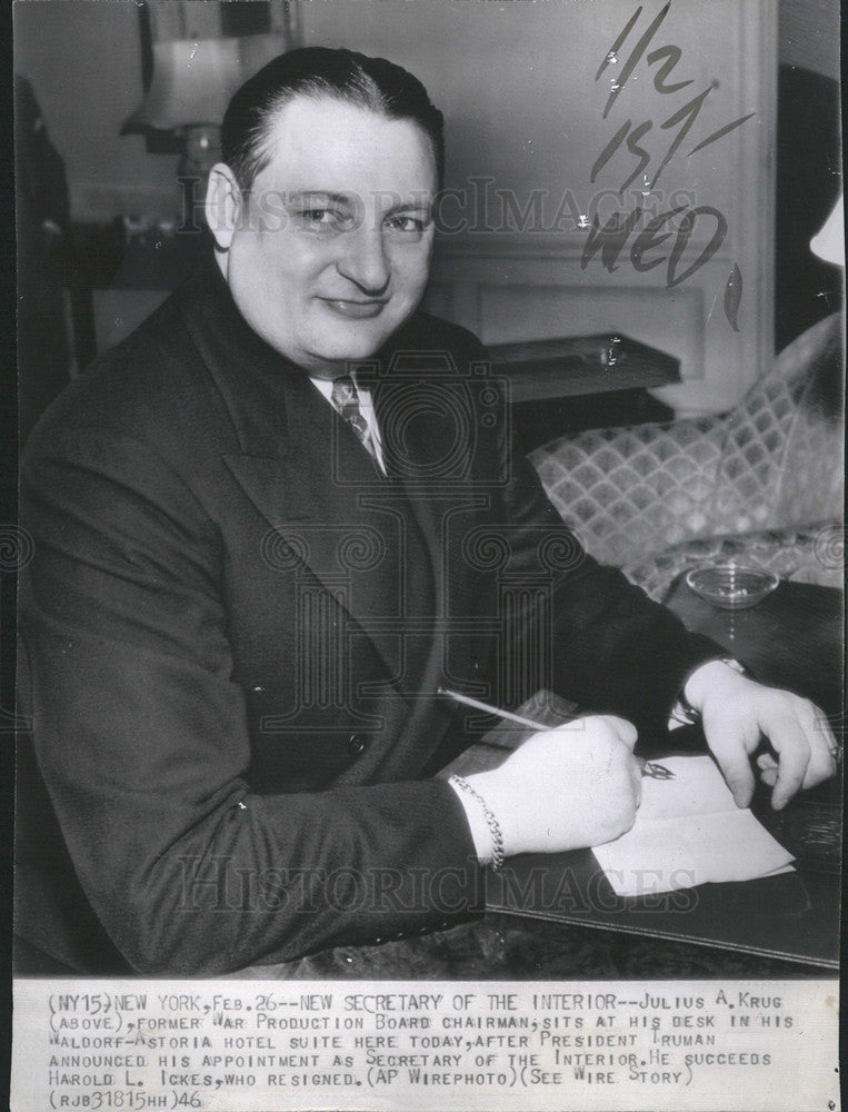 1946 Press Photo Julius A. Krug/US Secretary Interior - Historic Images