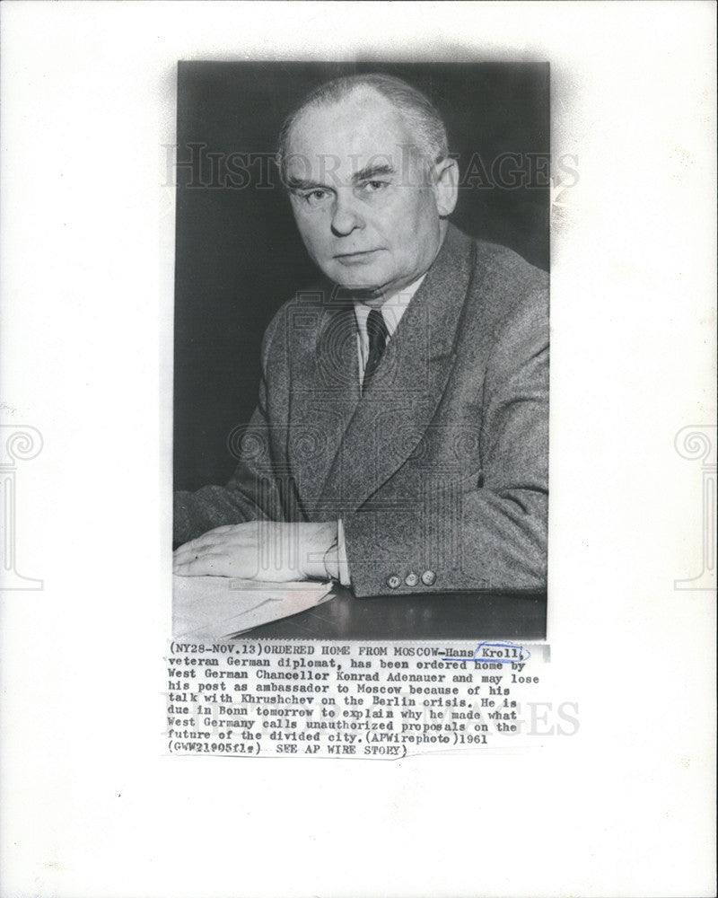 1961 Press Photo Hans Krell German Diplomat West Germany Moscow Berlin Crisis - Historic Images