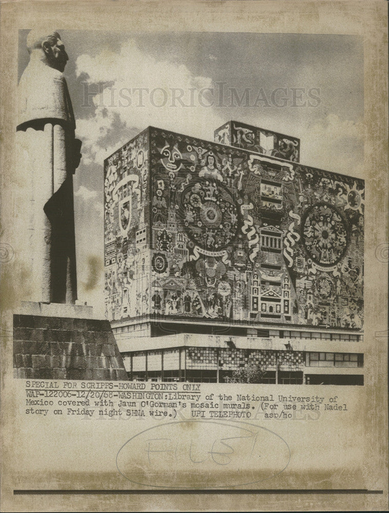 1968 Press Photo National University Mexico Library/Jaun O&#39;Gorman Mosaic Mural - Historic Images