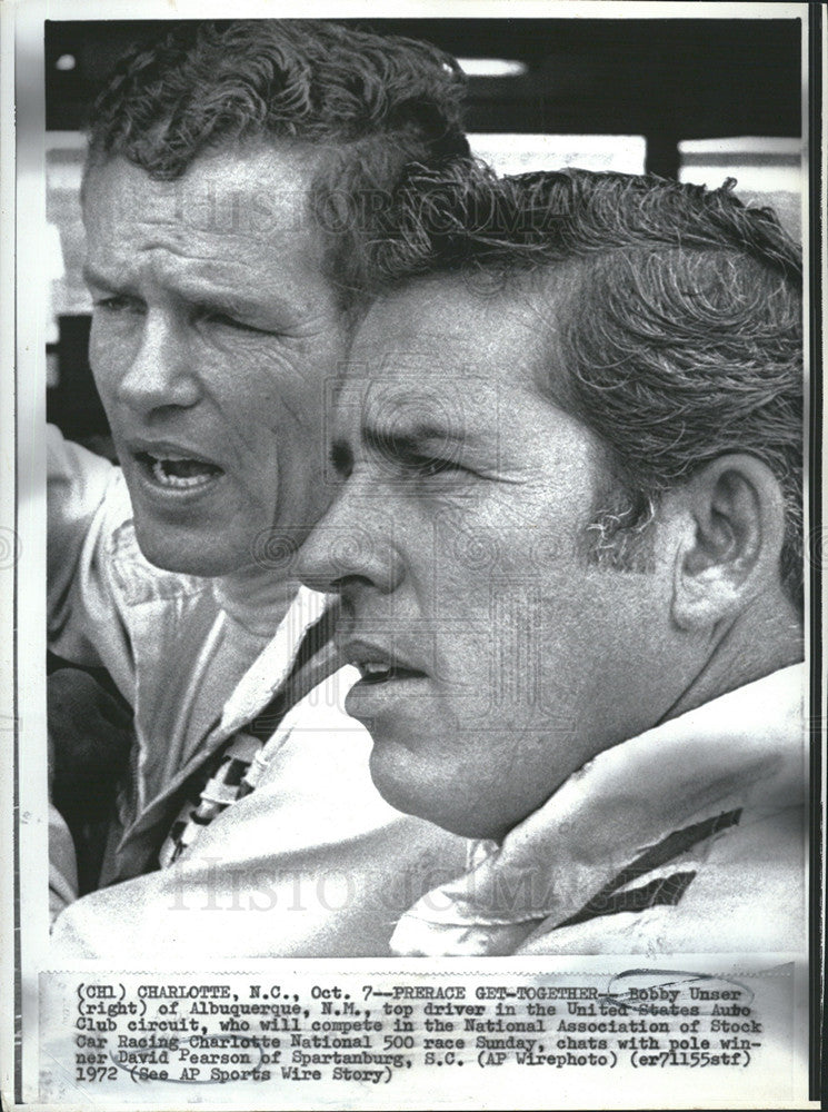 1972 Press Photo Bobby Unser,right and David Pearson,race car drivers - Historic Images