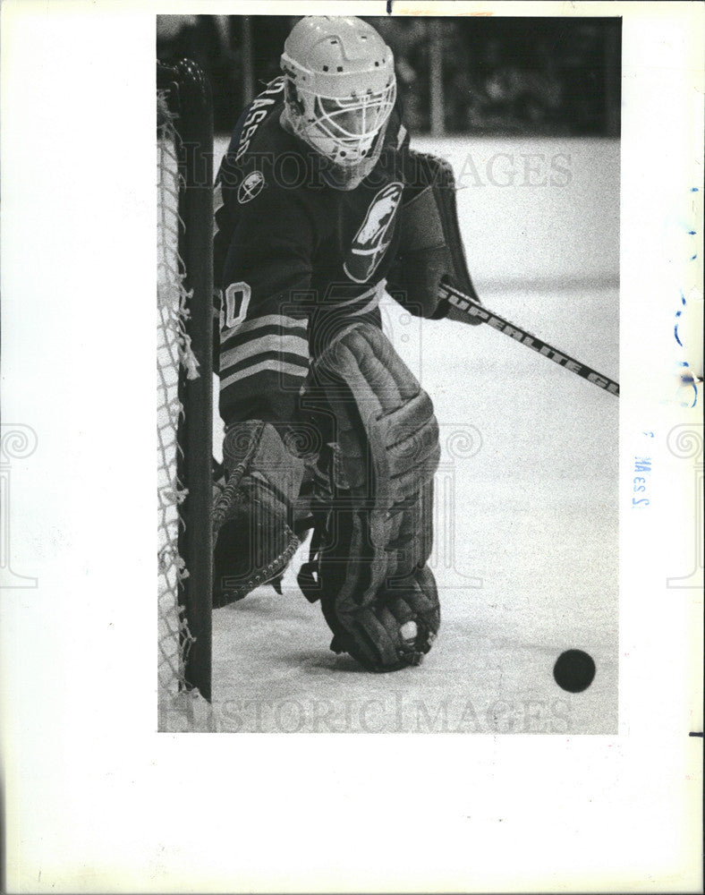 1983 Press Photo Buffalo goal tender on hockey ice - Historic Images