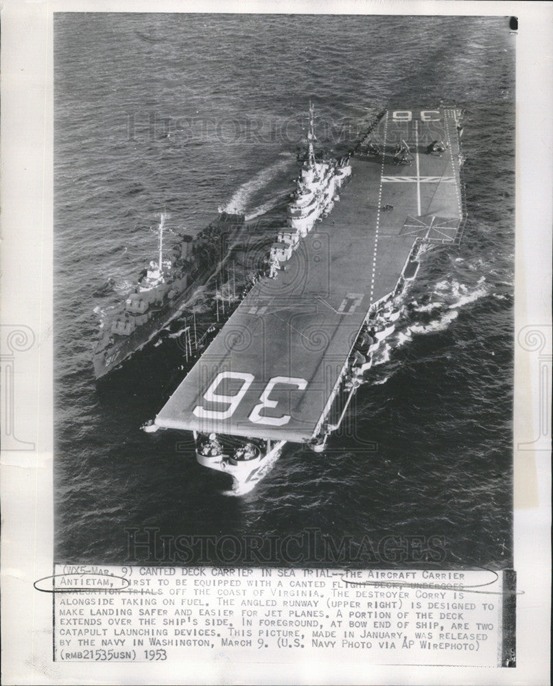 1953 Press Photo Aircraft Carrier Antietam  under way - Historic Images