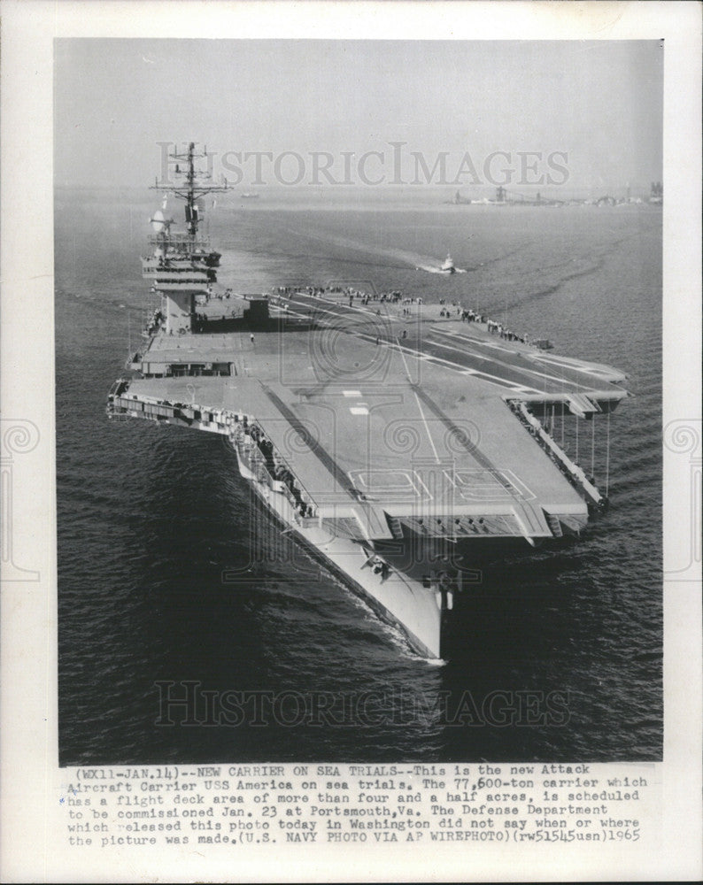 1965 Press Photo Attack Aircraft Carrier USS America underway on sea trials - Historic Images