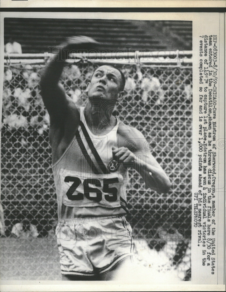 1959 Press Photo Dave Edstrom wins 1st place throwing discus 149ft 7in. in the - Historic Images