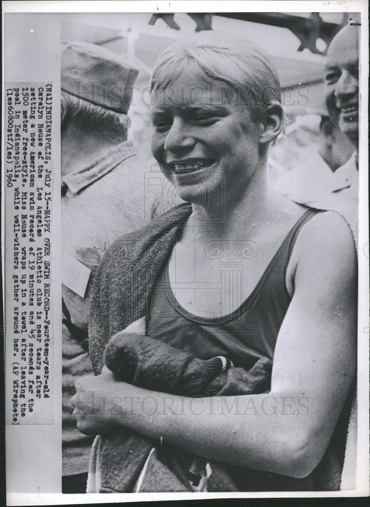 1960 Press Photo 14-year-old Carolyn House after setting an American swim record - Historic Images