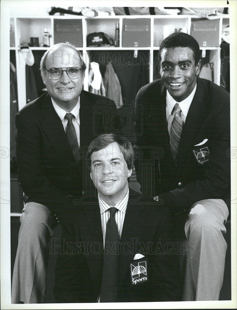 1985 Press Photo Bob Costas, Pete Axthelm, and Ahmad Rashad - Historic Images