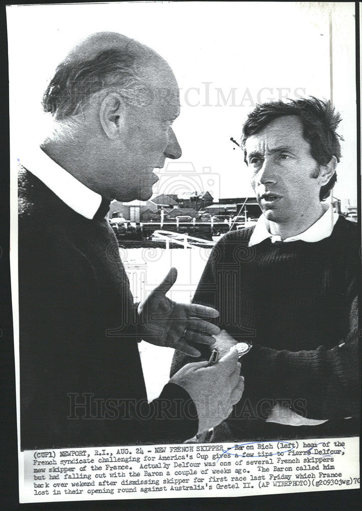 1970 Press Photo French skipper Baron Bich and Pierre Delfour of Americas Cup tm - Historic Images