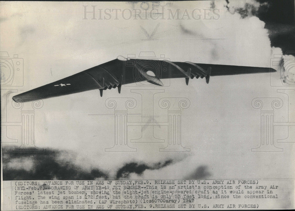 1947 Press Photo AI 78 US Army YB 49 Jet Bomber - Historic Images