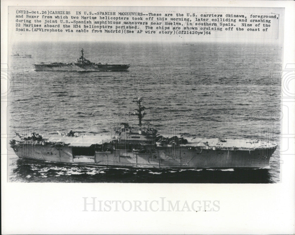 1964 Press Photo US Carriers,Okinawa and Boxer off coast of Spain in search - Historic Images