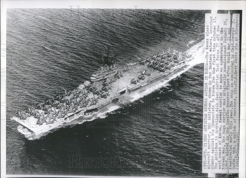 1951 Press Photo USS Antienam Essex class carrier in the Far East - Historic Images