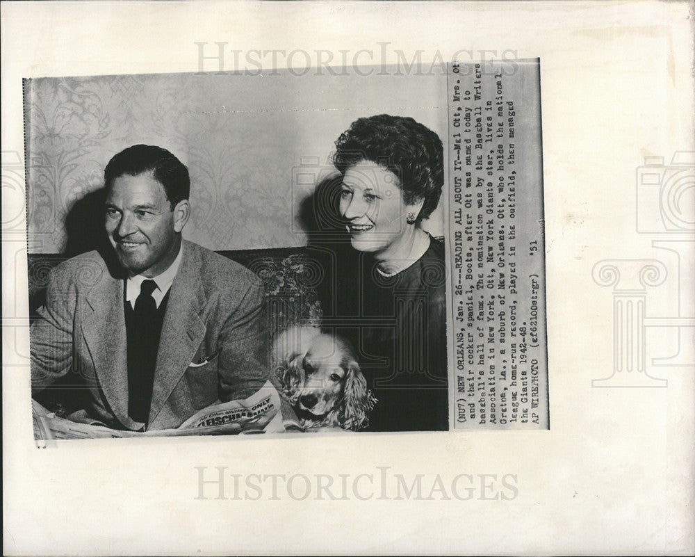 1951 Press Photo Mel Ott,with wife as he gets named into Hall of Fame - Historic Images
