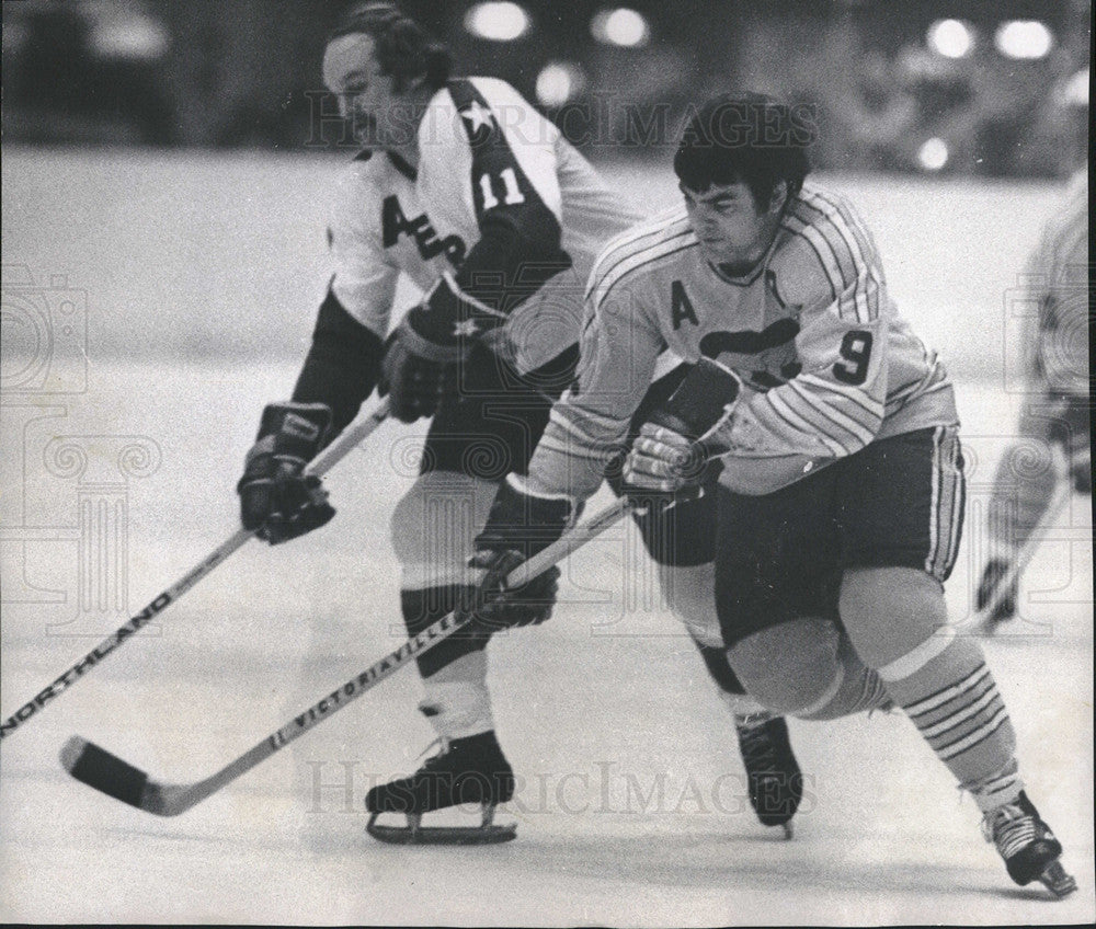 1973 Press Photo Murray Hall takes puck away from Rosario Paienment - Historic Images