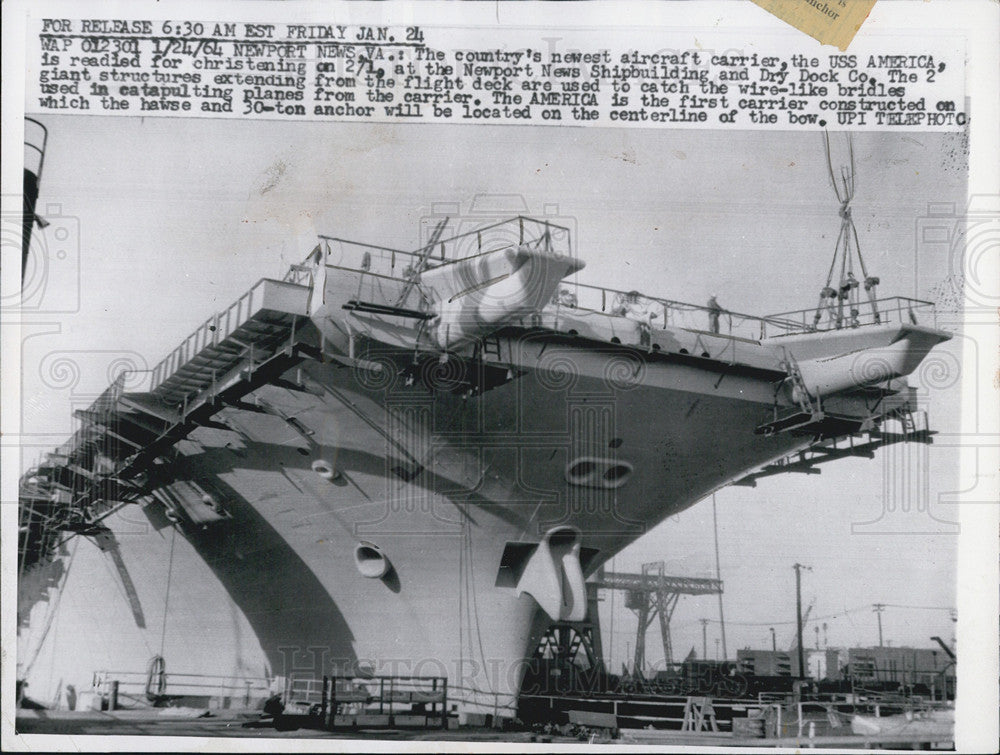 1964 Press Photo USS America CV-66 Aircraft Carrier Christening Ceremony Ship - Historic Images