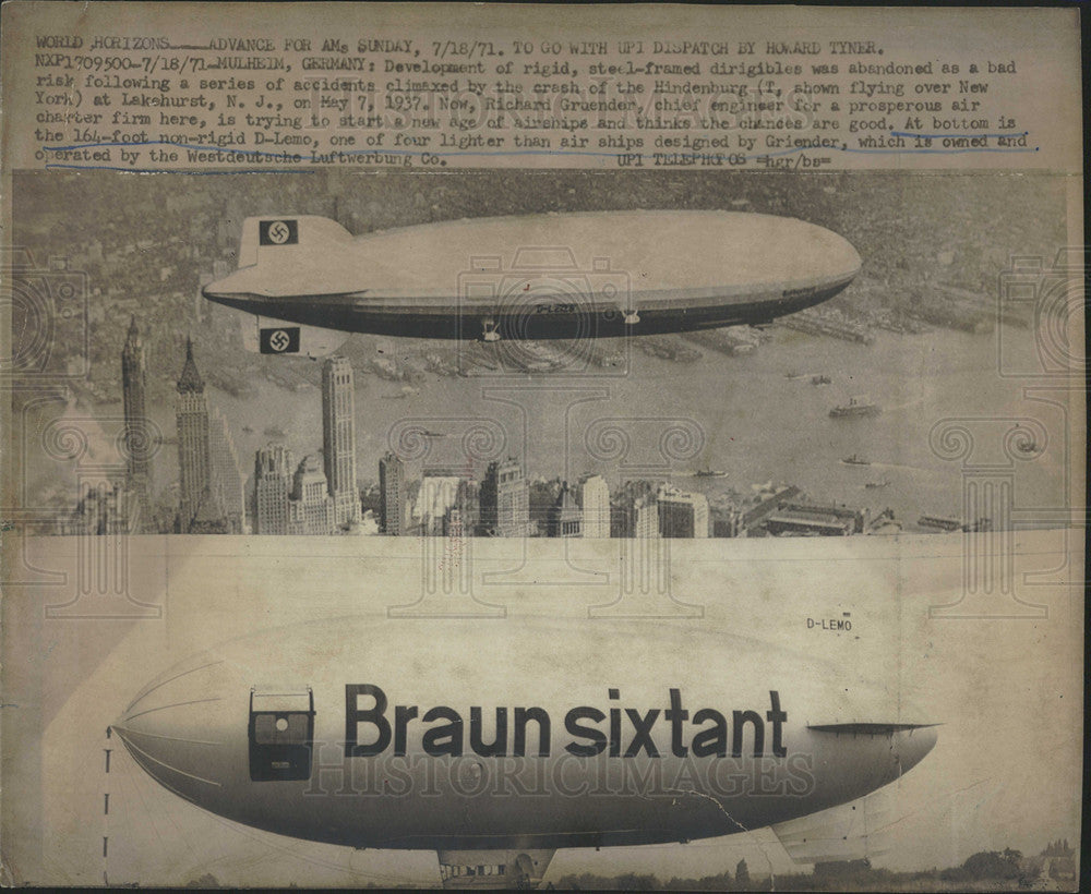 1971 Press Photo Dirigibles Top Hindenburg Bottom D-Lemo - Historic Images