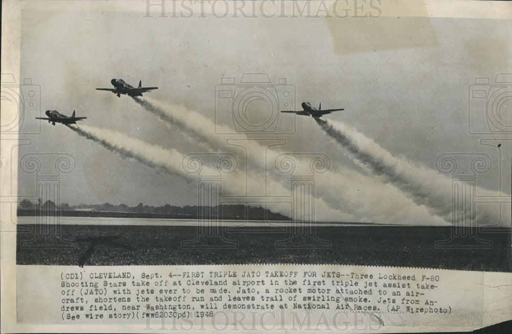 1948 Press Photo First triple JATO .3 Lockheed F-80 Shooting Stars take off - Historic Images