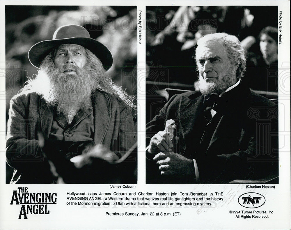 1995 Press Photo James Coburn and Charlton Heston &quot;The Avenging Angel&quot; - Historic Images