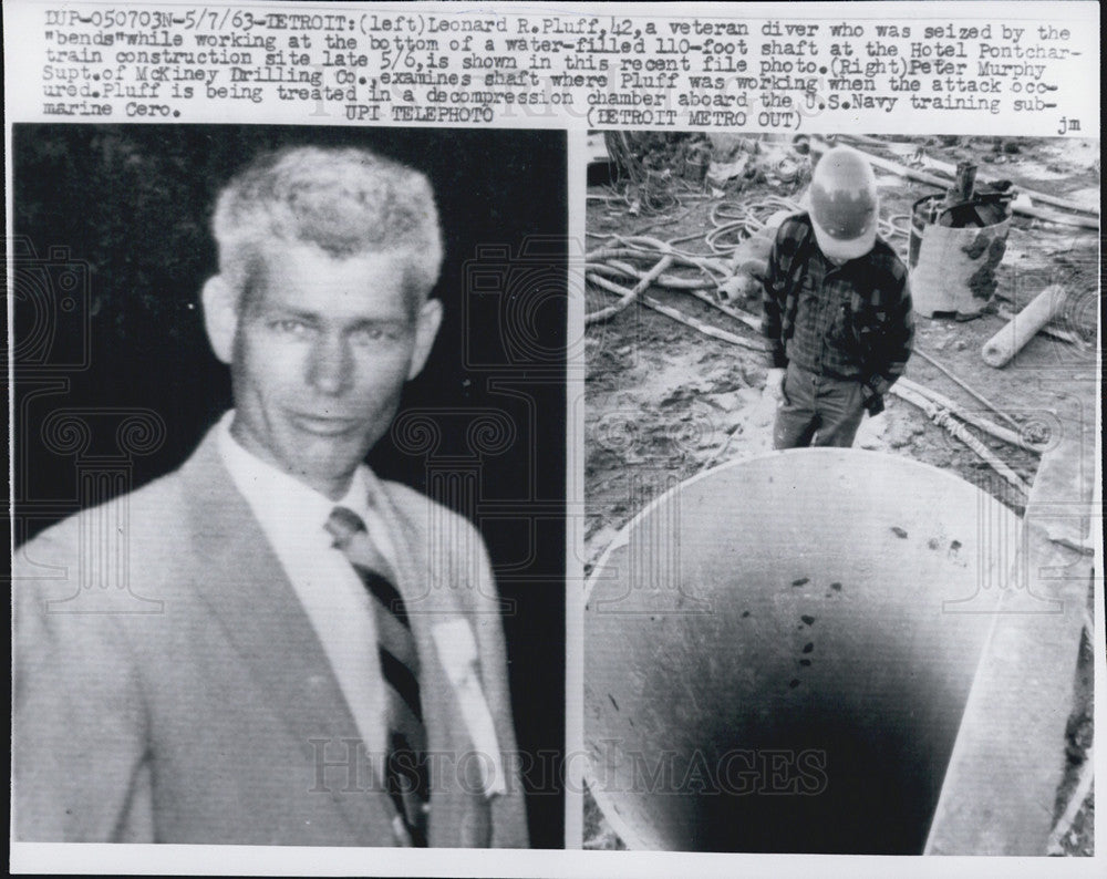 1963 Press Photo Leonard R Pluff veteran diver gets bends working mine shaft - Historic Images