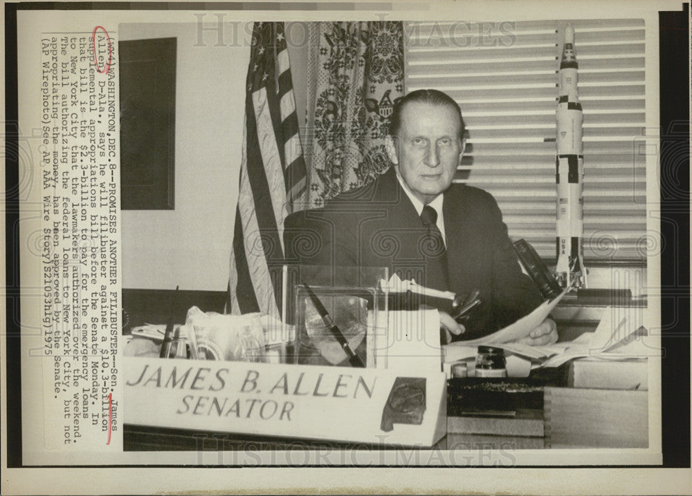 1979 Press Photo Sen. James Allen threatens to filibuster a loan Bill - Historic Images