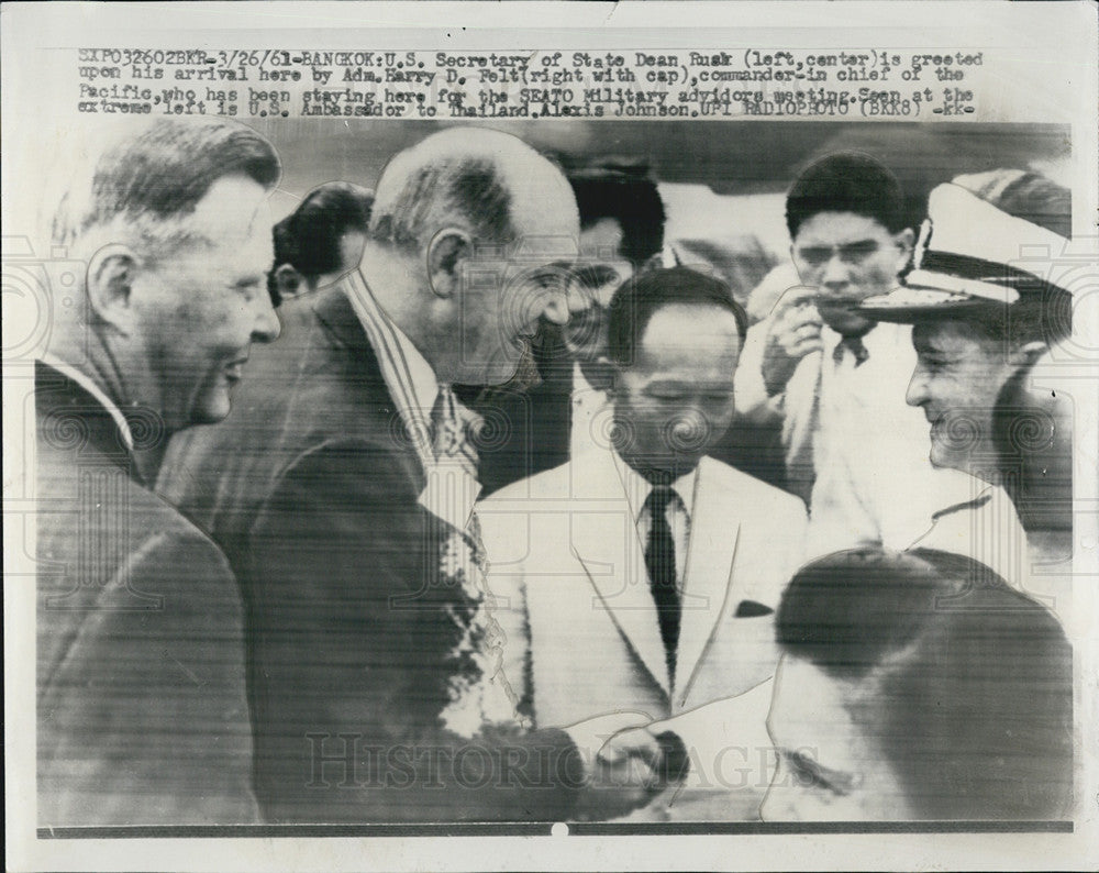 1961 Press Photo Dean Rusk, Sec of State meeting Adm Harry Felt Cmdr of Pacific - Historic Images