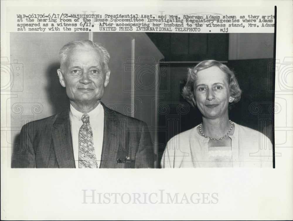 1958 Press Photo Sherman Adams And Wife House Subcommittee Witness - Historic Images